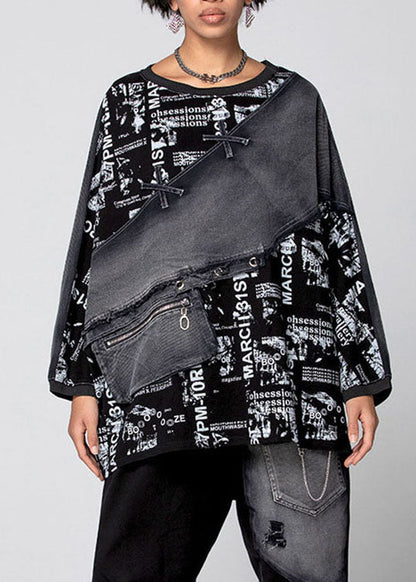 Bohemian Schwarz Graphic Patchwork Denim Top Frühling