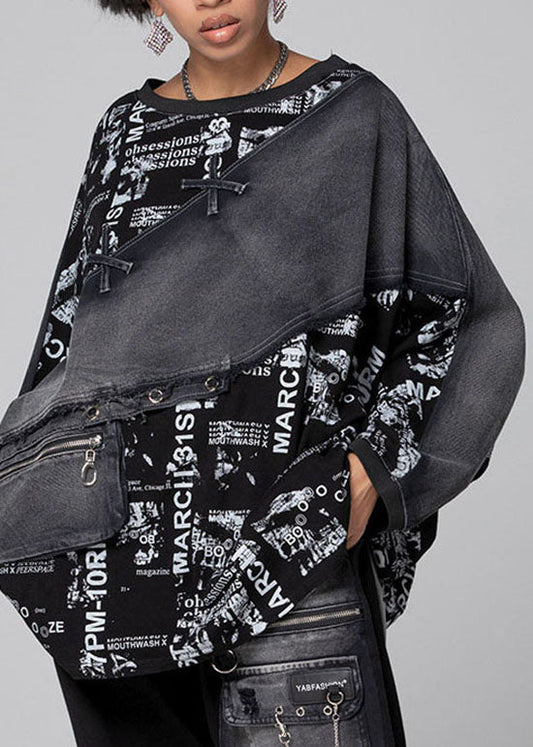 Bohemian Schwarz Graphic Patchwork Denim Top Frühling
