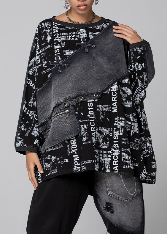 Bohemian Schwarz Graphic Patchwork Denim Top Frühling