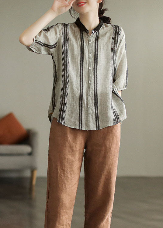 Camisa de lino con cuello Peter Pan, estampado bohemio, color negro y gris, con patchwork, para verano