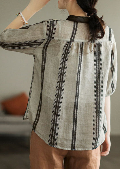 Camisa de lino con cuello Peter Pan, estampado bohemio, color negro y gris, con patchwork, para verano