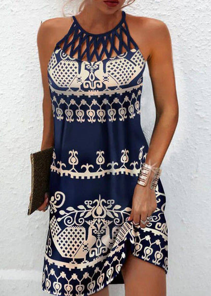 Bohemian Black Halter Print Hollow Out Mid Dress Summer