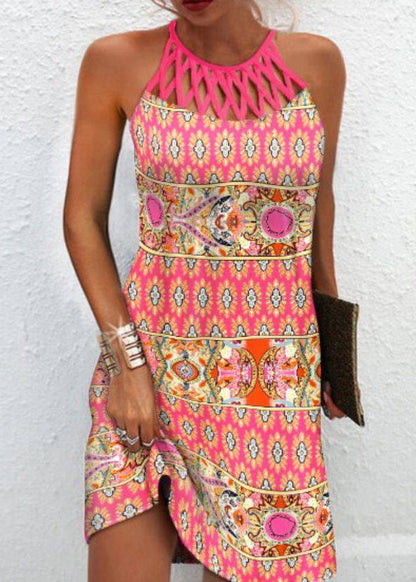 Bohemian Black Halter Print Hollow Out Mid Dress Summer