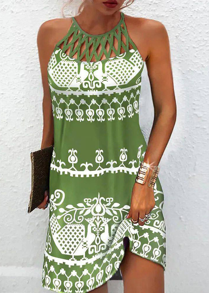 Bohemian Black Halter Print Hollow Out Mid Dress Summer