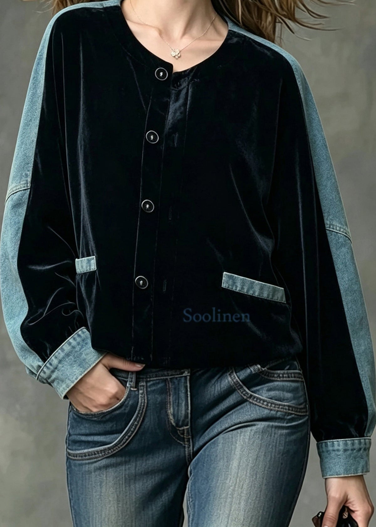 Bohemian Black O-Neck Denim Patchwork Velvet Jacket Fall