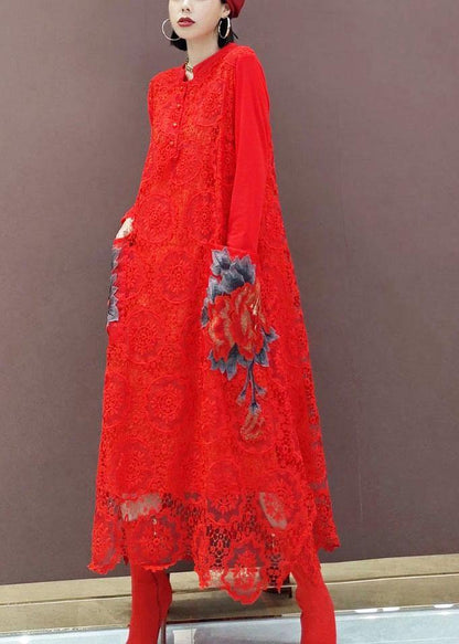 Bohemian Black O-Neck Lace Print Dress Fall - SooLinen