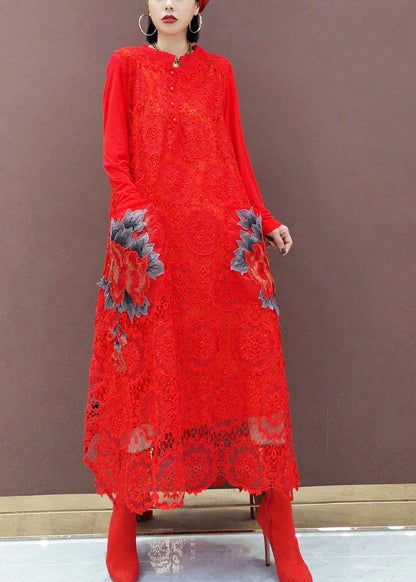 Bohemian Black O-Neck Lace Print Dress Fall - SooLinen