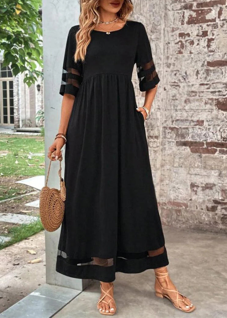Bohemian Black O-Neck Tulle Patchwork Long Dress Summer