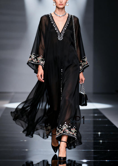 Bohemian Black Oversized Fine Pearl Chiffon Party Dress Summer