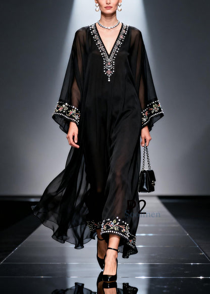 Bohemian Black Oversized Fine Pearl Chiffon Party Dress Summer