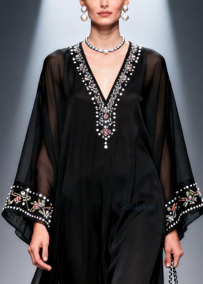 Bohemian Black Oversized Fine Pearl Chiffon Party Dress Summer