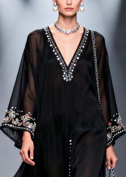 Bohemian Black Oversized Fine Pearl Chiffon Party Dress Summer
