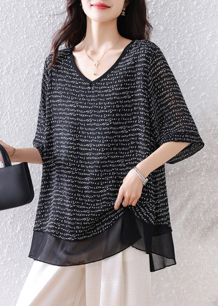 Bohemian Black Oversized Patchwork Chiffon Tops Summer