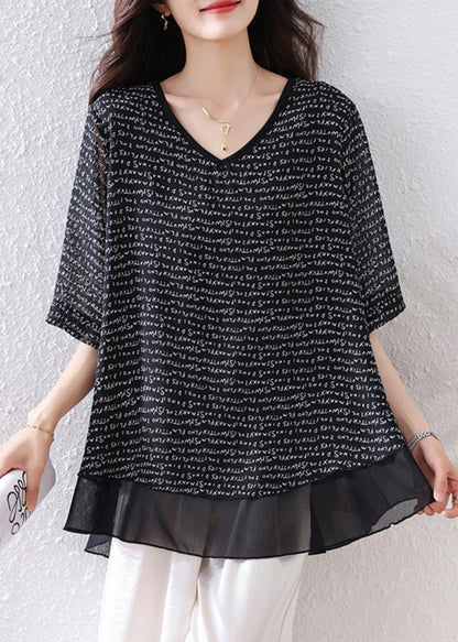 Bohemian Black Oversized Patchwork Chiffon Tops Summer