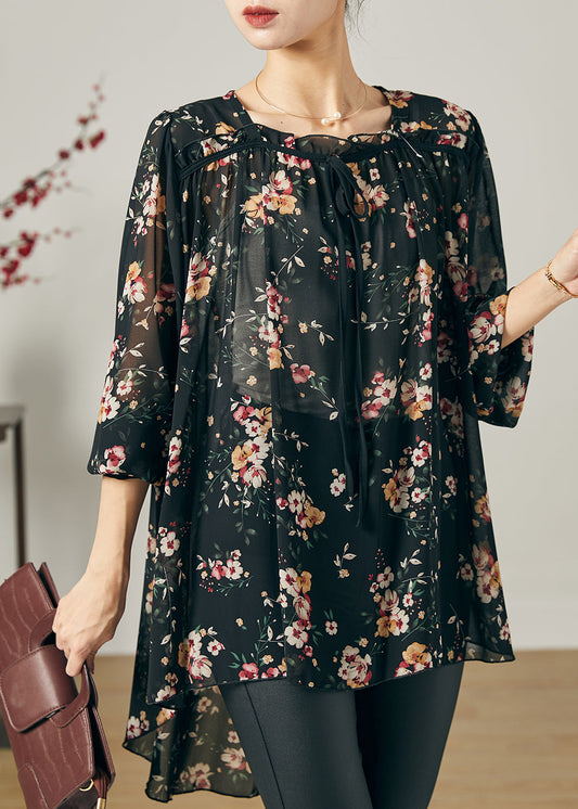 Bohemian Schwarz Oversized Print Chiffon Shirt Sommer