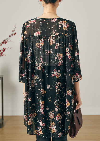Bohemian Schwarz Oversized Print Chiffon Shirt Sommer