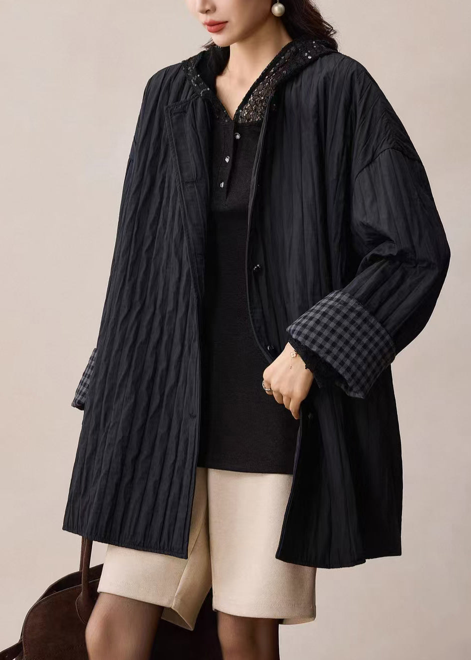 Bohemian Black Oversized Wrinkled Cotton Coat Spring