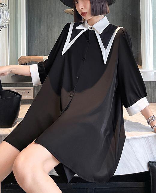 Bohemian Black Patchwork Cotton Button Summer Robe Dresses - SooLinen