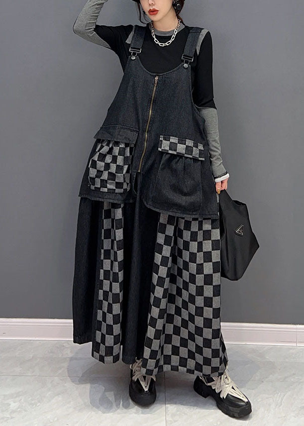 Bohemian Schwarz Patchwork Baumwolle Denim Strap Kleider Frühling