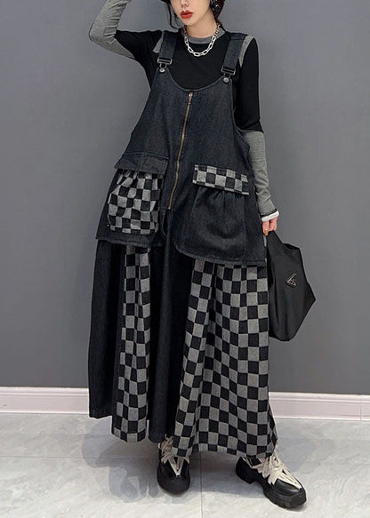 Bohemian Schwarz Patchwork Baumwolle Denim Strap Kleider Frühling