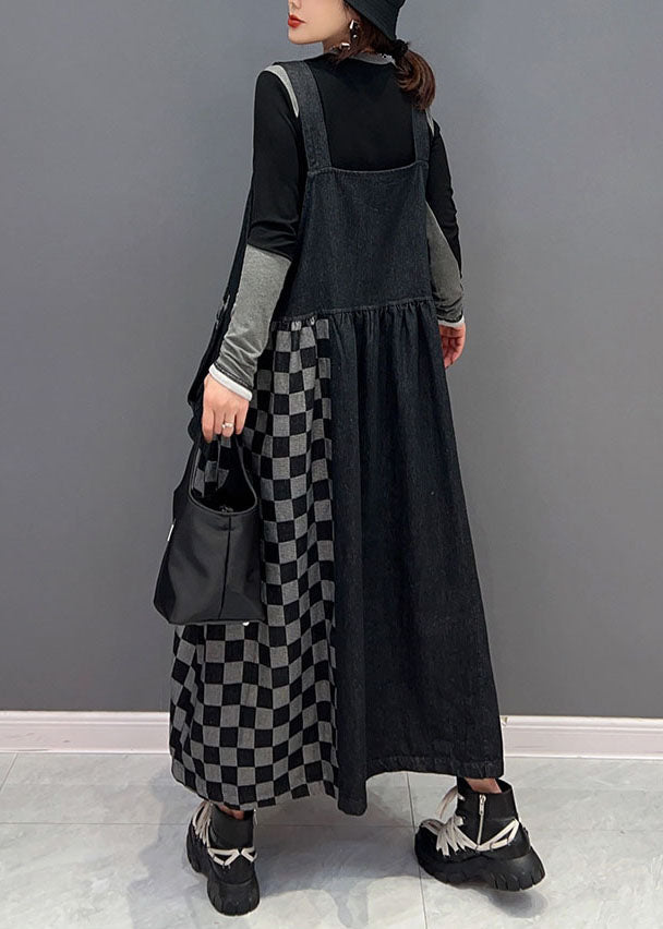 Bohemian Schwarz Patchwork Baumwolle Denim Strap Kleider Frühling