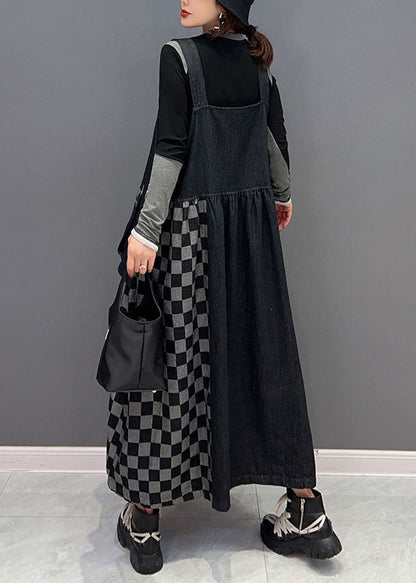 Bohemian Schwarz Patchwork Baumwolle Denim Strap Kleider Frühling