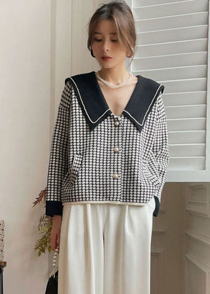 Bohemian Schwarz Peter Pan Kragen Plaid Strickmantel Frühling