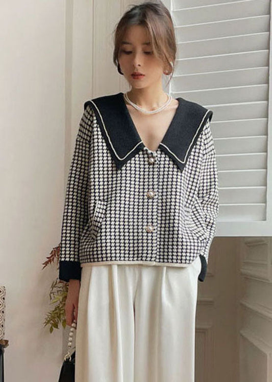 Bohemian Schwarz Peter Pan Kragen Plaid Strickmantel Frühling