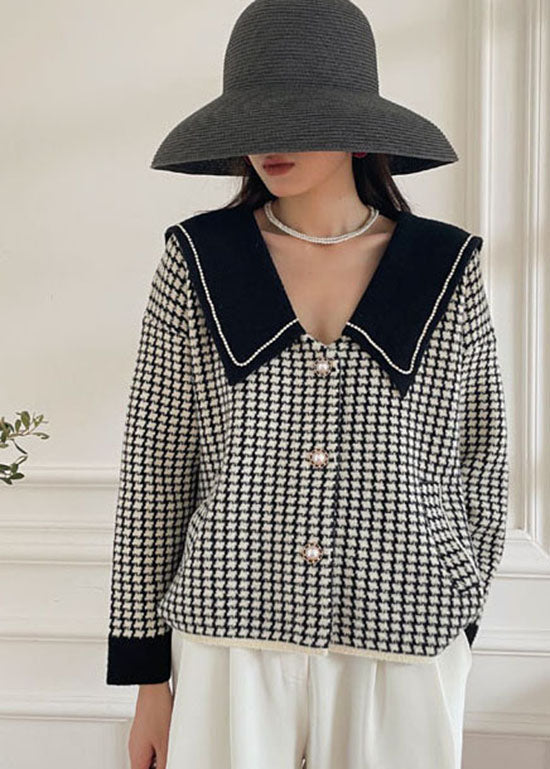 Bohemian Schwarz Peter Pan Kragen Plaid Strickmantel Frühling