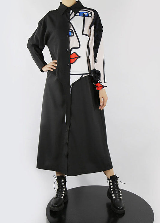 Böhmisches schwarzes Peter-Pan-Kragen-Knopfdruck-Hemdkleid Frühling