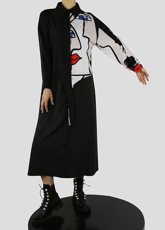 Böhmisches schwarzes Peter-Pan-Kragen-Knopfdruck-Hemdkleid Frühling