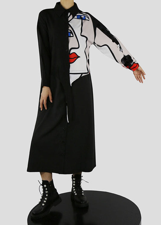 Böhmisches schwarzes Peter-Pan-Kragen-Knopfdruck-Hemdkleid Frühling