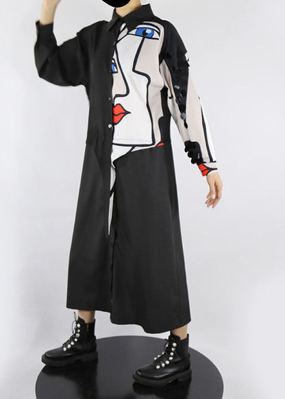 Böhmisches schwarzes Peter-Pan-Kragen-Knopfdruck-Hemdkleid Frühling