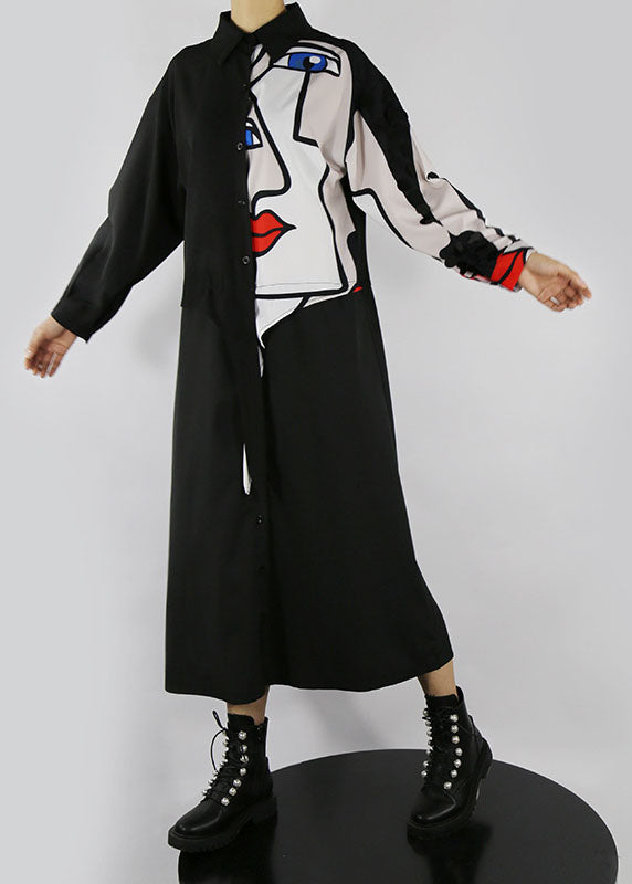 Böhmisches schwarzes Peter-Pan-Kragen-Knopfdruck-Hemdkleid Frühling