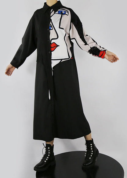 Böhmisches schwarzes Peter-Pan-Kragen-Knopfdruck-Hemdkleid Frühling