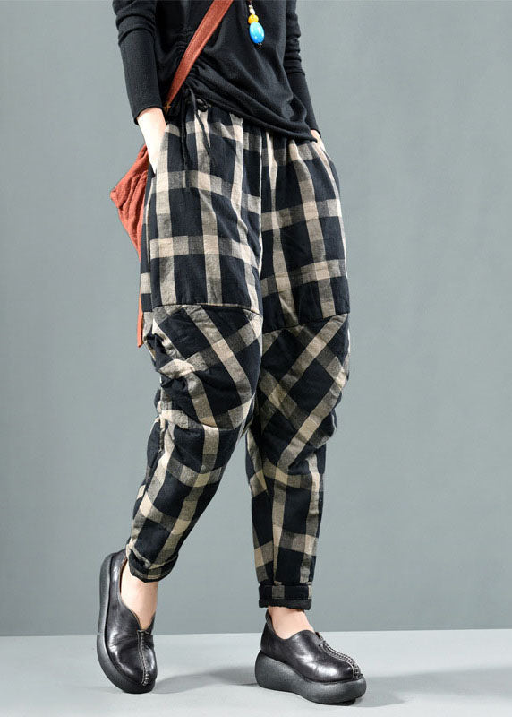 Bohemian Schwarz Plaid Feine Baumwolle Gefüllte Hose Winter