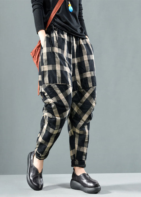 Bohemian Schwarz Plaid Feine Baumwolle Gefüllte Hose Winter