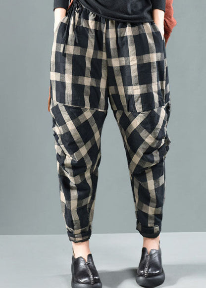 Bohemian Schwarz Plaid Feine Baumwolle Gefüllte Hose Winter