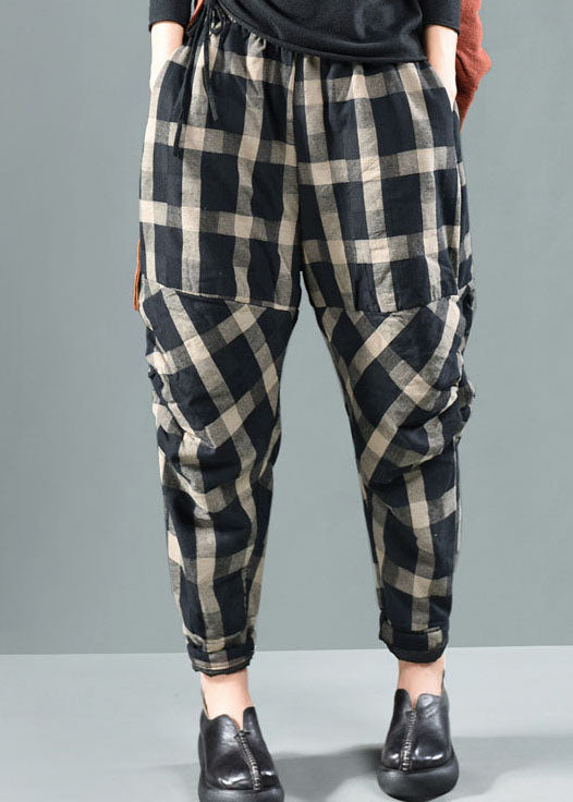 Bohemian Schwarz Plaid Feine Baumwolle Gefüllte Hose Winter