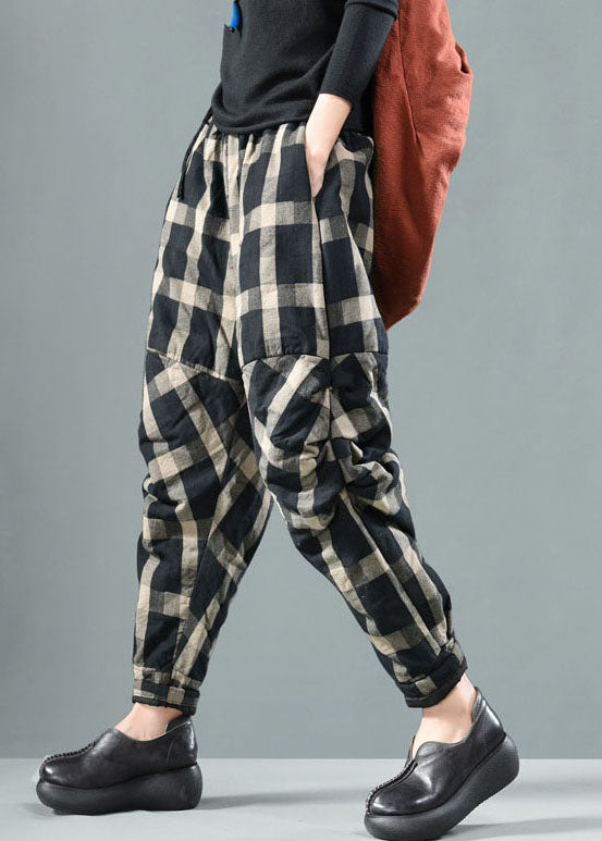 Bohemian Schwarz Plaid Feine Baumwolle Gefüllte Hose Winter