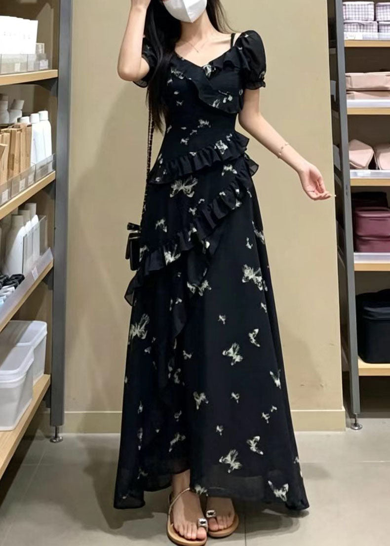 Bohemian Black Print Ruffles Chiffon Maxi Dress Summer