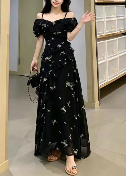Bohemian Black Print Ruffles Chiffon Maxi Dress Summer