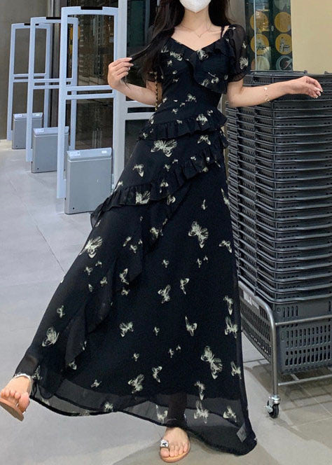Bohemian Black Print Ruffles Chiffon Maxi Dress Summer