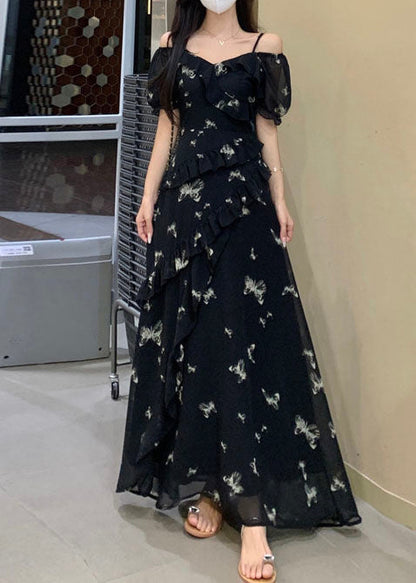 Bohemian Black Print Ruffles Chiffon Maxi Dress Summer