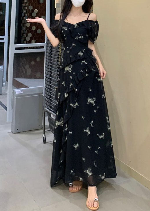 Bohemian Black Print Ruffles Chiffon Maxi Dress Summer
