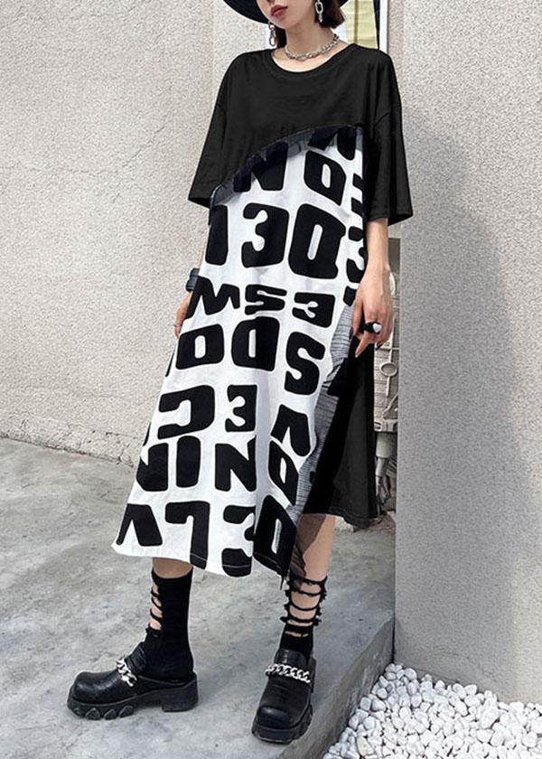 Bohemian Black Print asymmetrical design Graphic Short Sleeve Maxi Dresses - SooLinen
