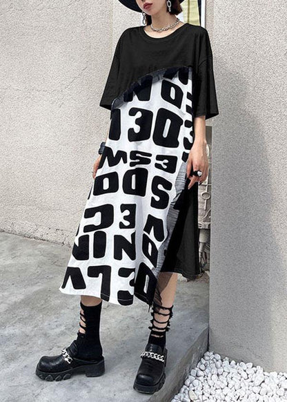 Bohemian Black Print asymmetrical design Graphic Short Sleeve Maxi Dresses - SooLinen
