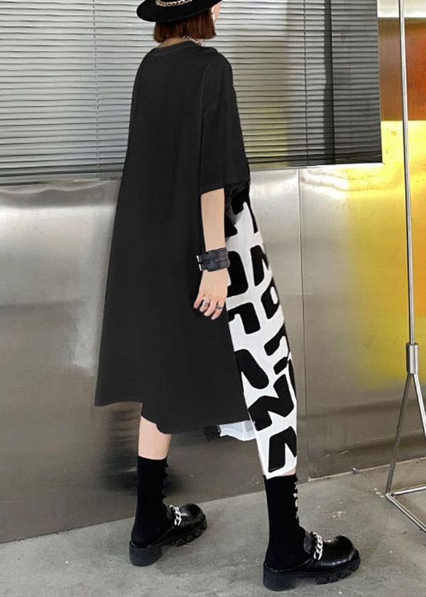 Bohemian Black Print asymmetrical design Graphic Short Sleeve Maxi Dresses - SooLinen