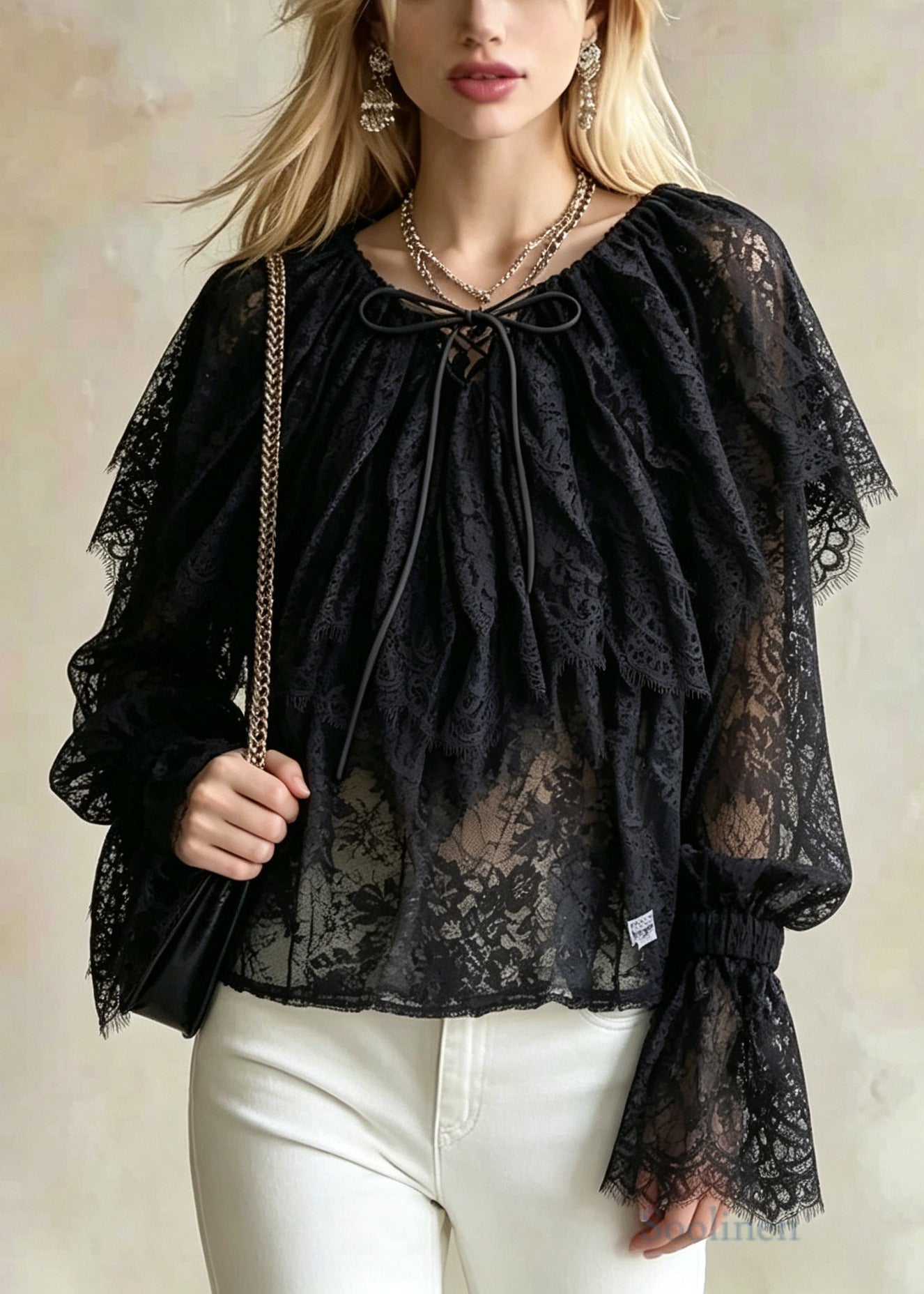 Bohemian Black Ruffles Hollow Out Lace Shirts Flare Sleeve