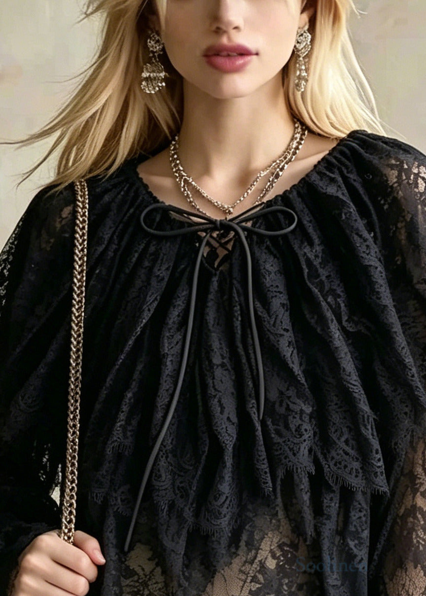 Bohemian Black Ruffles Hollow Out Lace Shirts Flare Sleeve
